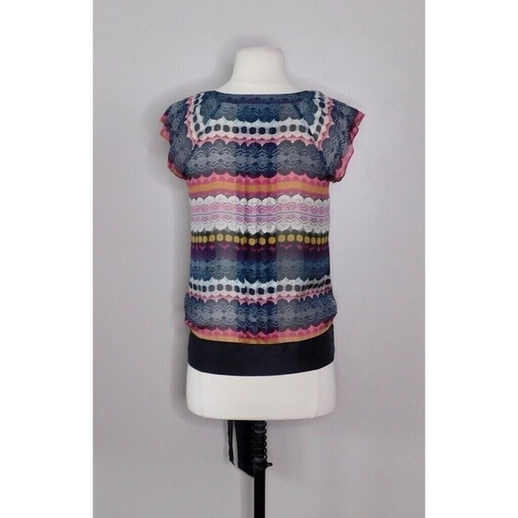 Anthropologie ODILLE Silk Ruffle Pleated Print Blouse Top Banded Hem Size 0 - Picture 7 of 12